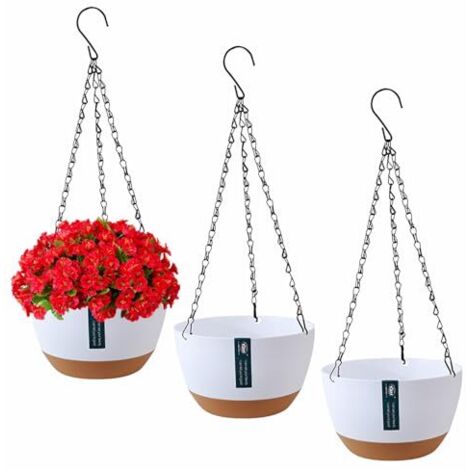 Lot de 3 pots de fleurs suspendus avec trous de drainage et soucoupes, support de plantes à suspendre pour extérieur et intérieur, panier suspendu pour plantes et fleurs (blanc)
