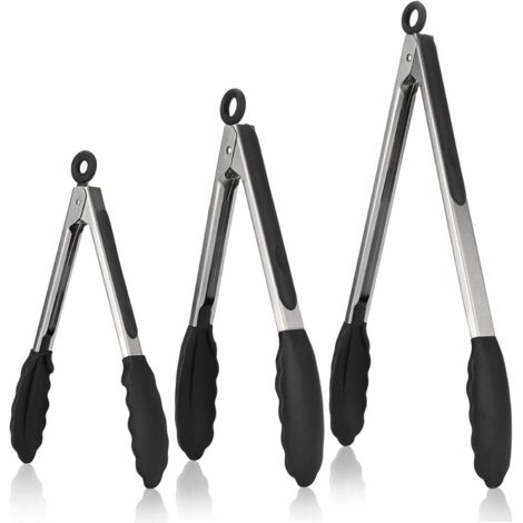 [JAMAIS UTILISÉ]Pince Cuisine Lot de 3 Pinces Barbecue en 18/8 Acier Inoxydable Ustensiles Cuisine avec Poignée Silicone Résistante à La Chaleur 315℃ Pince Buffet Anti-adhé, sans BPA (Noir) (1/5)