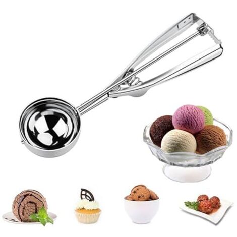katmerio Cuillère à glace en acier inoxydable de 6 cm avec déclencheur et poignée confortable pour boule de crème glacée, purée de pommes de terre, biscuits, gâteaux, pâtes, boules de melon (1/5)