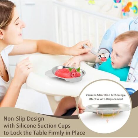 Ensemble Assiette Ventouse SOUJOY Lot De 4 Assiettes Divisées, Plateaux En Acier Inoxydable 304, Assiettes à Dîner à 3 Assiette Silicone Bébé