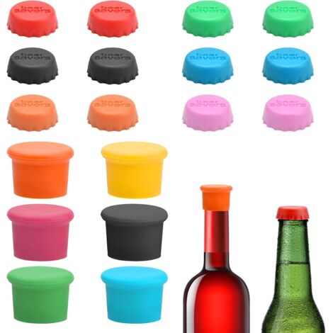 Lot de 18 bouchons de bouteille multicolores en silicone réutilisables - 100 % sans BPA - Pour bière, jus et bouteilles en verre (1/5)