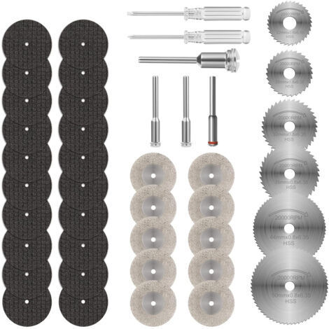 42PCS Mini Disque Diamant à Tronçonner, Disques de Coupe pour Dremel, HSS en Résine Lame Scie Circulaire avec 5 Mandrins SC et 2 Tournevis pour Couper Bois, Métal, Plastique, Pierre (1/4)