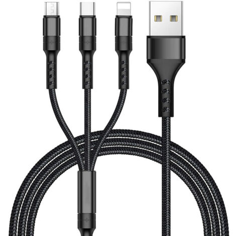 Câble Multi USB, 3 en 1 Multi Chargeur USB Câble en Nylon Tressé avec Micro USB Type C Connecteurs pour Samsung Galaxy S10/S9/S8,Huawei p30/P20,Honor,OnePlus,Wiko,Kindle 1.2M (Noir) (1/4)