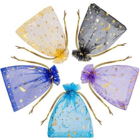 [JAMAIS UTILISÉ] 100 pièces Sacs En Organza, 9 x 12cm Mélanger Couleur Organza Pochettes Sachet avec Motif étoile et lune Cadeaux Bijoux Quotidiens Ligne Or Ruban Sac de Bonbons pour Les Festivals de  (1/4)