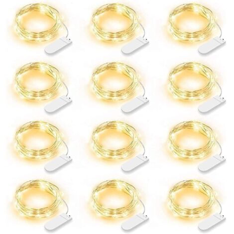 Lot de 12 Guirlande Lumineuse LED, Guirlande Lumineuse à Piles 2m 20 LEDs Fée Chaîne Lumières Guirlande IP65 Étanche LED Déco pour Chambre Noël Mariage Fête Jardin, Blanc Chaud (Blanc Chaud) (1/4)
