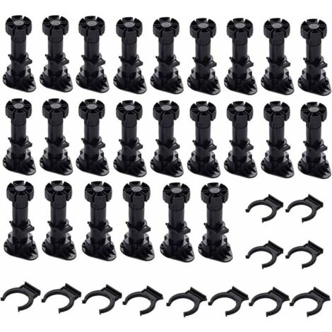 24 Pièces Pieds D\'Armoire Plastique,Pied de Meuble,Pied Réglable pour Meuble,Noir Pieds de Meuble Plastique avec Clip Fixation Base pour Meubles de Cuisine,Armoire et Canapé (80mm-100mm) (1/4)