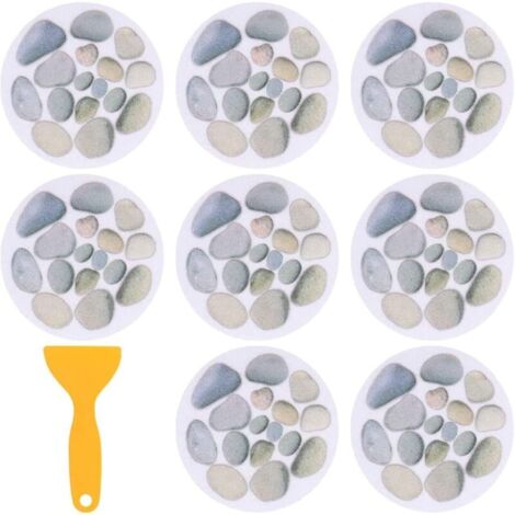 Lot de 8 Autocollants Ronds pour Baignoire, Diamètre 15 cm, Motif Pierre de Bains, Fond de Salle de Bains, Autocollant avec Grattoir, pour Baignoires Douches (1/4)