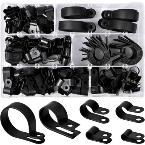 200 Stück Pinces en Plastique en Nylon R Clips Colliers de Fixation de Tubes, 6 Tailles 3/16'' 1/4'' 3/8'' 1/2'' 3/4'' 11/8'' Attaches pour Conduits, Câbles, Gaines (Noir) (1/4)