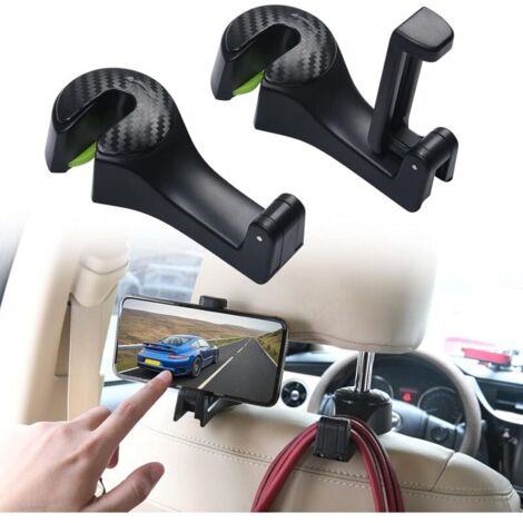 Crochet pour Appuie-Tête de Voiture Universels, Pack de 2 Crochet de Siège de Voiture Véhicule avec Support de Téléphone, Crochet de Stockage de Voiture Multifonctionnelle pour Sac à Main, Noir (1/4)