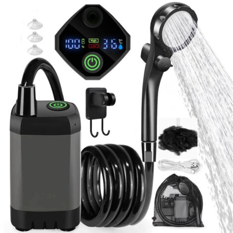 Douche portable extérieure 6000mAh – 4 modes de pulvérisation – Affichage LED – Fonctionnement silencieux – Pour camping et randonnée - 6000mA