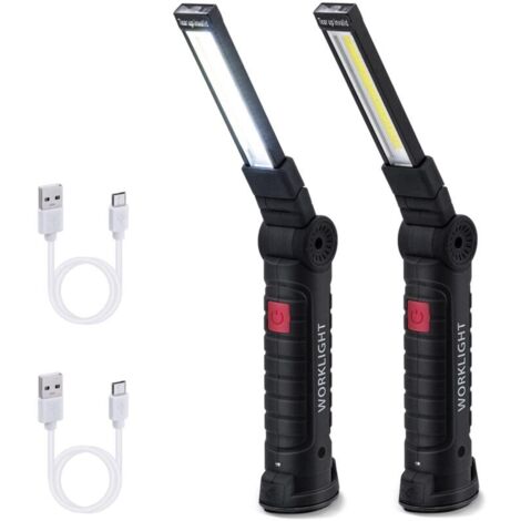 Lampe de Travail, Rechargeable COB Baladeuse LED Ultra Lumineuse avec Base Magnétique, 5 Modes, pour Garage, Camping, d'urgence, etc - 2 Pièces - Grand