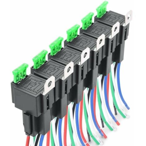 6Pcs 12V 30A Fusible Relais Commutateur Harnais ATO/ATC Lame Fusible, 5 Broches SPST Automobile Relais Électriques avec Fils Robustes 14 AWG (1/4)