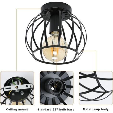 Plafonnier Vintage Industriel, Luminaire Plafonnier E27 Rétro Cage Design, Lampe de Plafond en Métal Pour Cuisine Chambre Entrée Couloir (Noir) (1/4)