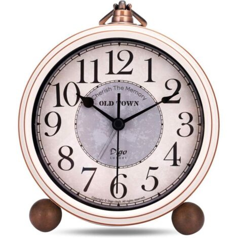 Reveil Vintage sans Tic-tac, Métal Beige Reveil Classique Rétro, Elégant Déco Silencieuse Horloge de Table Chevet Chambre Bureau 13.5cm (1/4)