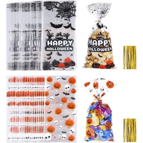100 Pièces Sacs de Bonbon Friandises en Cellophane d’Halloween Sachets de Cadeaux Transparents avec 100 Pièces Cravates Torsadées pour Fournitures de Fête de Halloween (1/4)