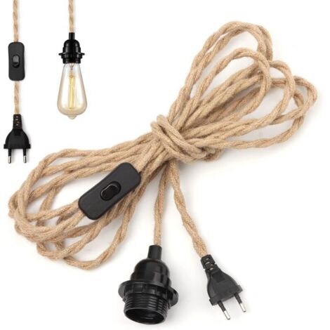 Lustre Corde de Chanvre Câble 4.5m, Douille E27 Interrupteur Fil Cable , Pour DIY Lampe Suspension Lumière Pendante Industrielle Lustre Douille Fil Electrique Vintage (Ampoule non incluse)
