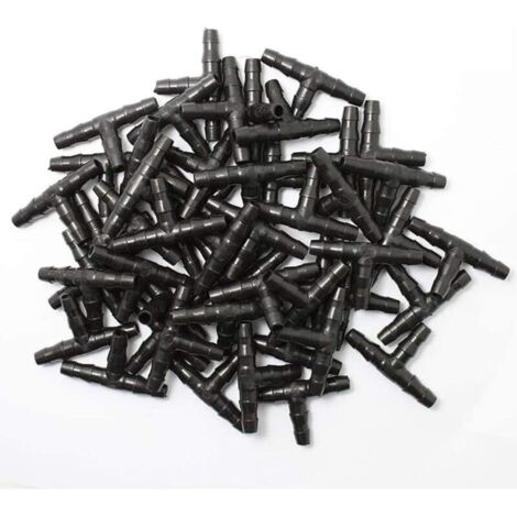 100 pièces connecteurs barbelés irrigation goutte à goutte,4/7mm tuyau de té barbelé universel, convient au système de jardin d'arrosage tuyau goutte à goutte 4/7mm (1/4)