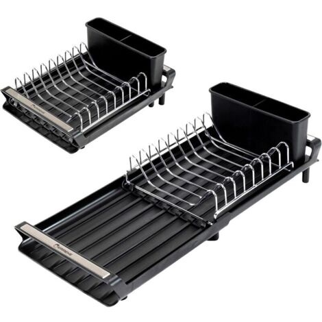 Egouttoir a Vaisselle Cuisine Extensible, Égouttoir Bec Verseur pour l'Évier, Porte-Couverts, Egoutoire Pliable Plastique, 28x20 cm Couleur Noir. (1/4)
