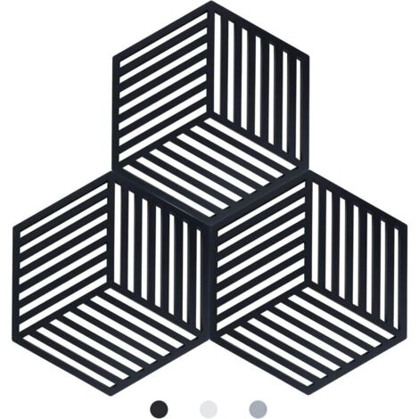 Lot de 3 Dessous de Plats Kitchen Pot Coaster de Protection en Silicone (Noir, Raya Hexagonal: 160x138x8mm)