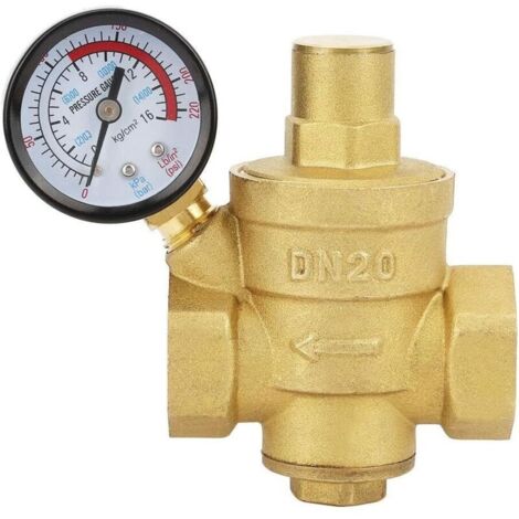Vanne de régulation de pression d'eau, DN20 G3/4" Réducteur de pression d'eau en laiton Réducteur de pression réglable 3/4 Régulateur de pression d'eau à filetage 1/2" avec manomètre 1,6 MPa (1/4)