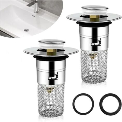 2pcs Bonde de lavabo, Bonde Lavabo avec Filtre Amovible 33-40mm, Bouchon Lavabo Salle de Bain Universel Pop Up, Filtre De Drainage De Sol en Acier Inoxydable pour Bain, Cuisine (1/4)