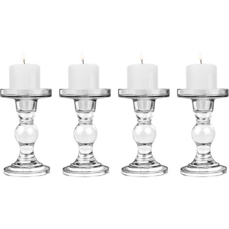 4 PCS Bougeoirs en Verre, (8 8.5 14 cm) Chandelier avec Base Ronde, Support Stable pour Bougie Conique, Décoration Table Style Moderne pour Fête Maison Mariage, Transparent (1/5)