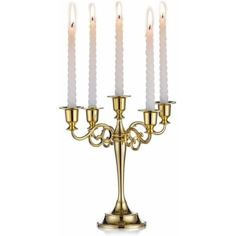 Bougeoir conique doré 5 bras en métal 27cm – Design chic vintage – Pour mariages, anniversaires, décorations Noël – Base en velours