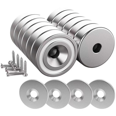 Lot de 12 aimants en néodyme 10 kg – Dimensions 20 x 7 mm avec trou et capsule – 12 coussins en acier inclus – Installation facile