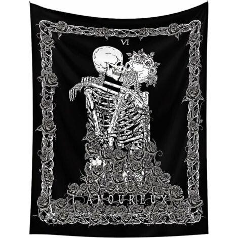 Crâne Tapisserie murale baisers amants Tapisserie Tenture murale Noir Tarot Tapisserie Squelette Couverture Tissu Décoration pour chambre à coucher Salon 73 x 95 cm (1/5)