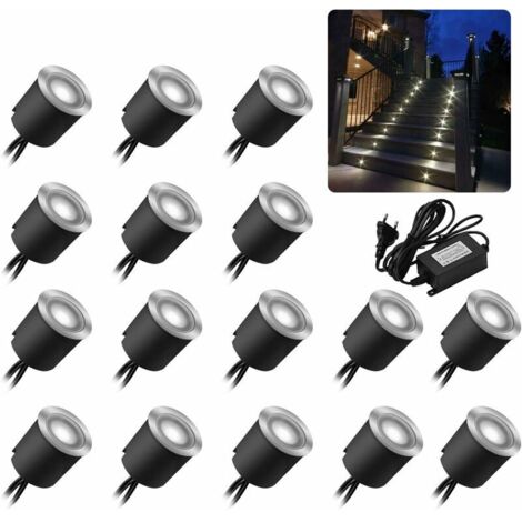 Lot de 16 spots LED encastrables au sol – Étanchéité IP67 – 0.6 W – Diamètre 32 mm – Lumière blanche 4000 K – 12 V – Acier inoxydable - IP67-0