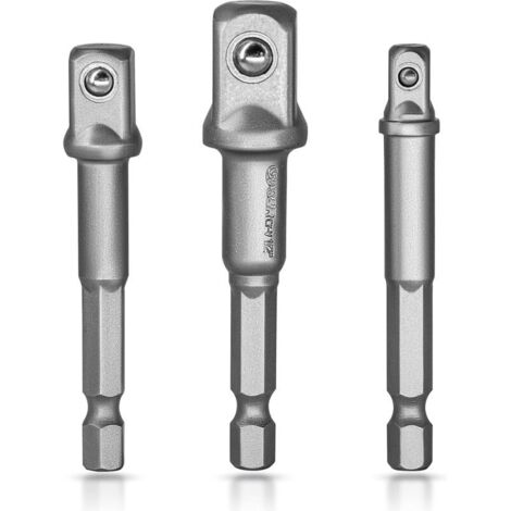 S&R Adaptateurs Porte Douilles sur Perceuse Visseuse Clés à Choc. Lot de 3 Adaptateur Mandrin pans Carré 1/4", 1/2", 3/8" en Chome Vanadium (Gris Clair)