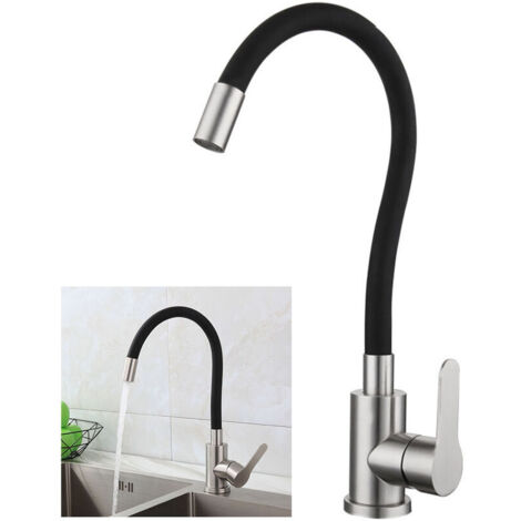 Robinet de cuisine flexible haut orientable – Acier inoxydable brossé et noir – Bec pivotant 360° – Tuyau silicone PVC pour forme personnalisée (1/5)