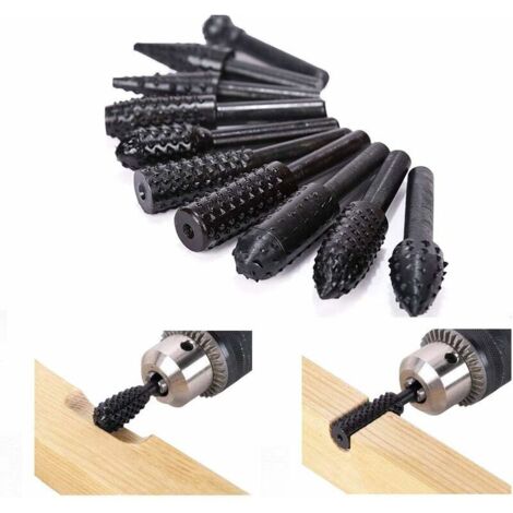 10 Stück Bois Râpe Set Rasp Set Bois Tige Kit de fraisage Foret Perceuse Outils Sculpture sur bois Ponceuse Roue Ponceuse Cône Foret de Torsion de Tiges Pour Outils Rotatifs (1/5)