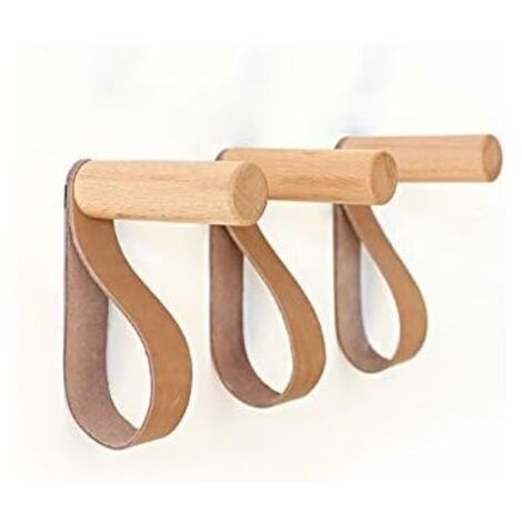 Patère Murale en Cuir Crochets Muraux en Bois Porte-Manteau Mural pour accrocher Sac Serviettes et Manteaux Décoration Scandinave Design Moderne (Lot de 3)