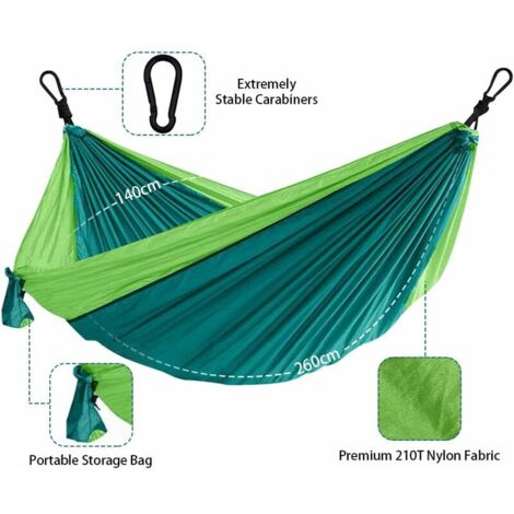 Hamac de voyage ultra léger - Double et unique - Charge maximale : 250 kg (260 x 140 cm) - Hamac pour l'extérieur, l'intérieur, le jardin, la terrasse, la survie, le camping - Vert (1/4)