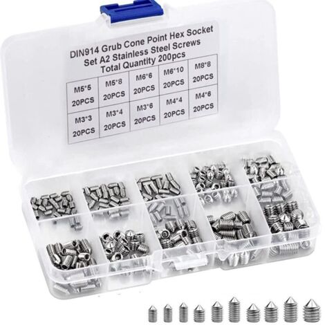 200 Pièces Vis Sans Tête Vis Sans Tête Hexagonale M3 M4 M5 M6 M8 Allen Vis Pointeau en Acier Inoxydable Vis Poignée de Porte Vis Allen Vis Sans Tête Coniques Assortiment Vis (1/5)