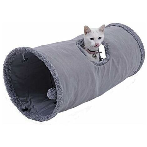 Jouet Tunnel pour Chat en Daim, Grand Tunnel a Chat Pliable avec 2 Trous et Boule Suspendue pour Chats Chatons Lapins Dia25 50cm