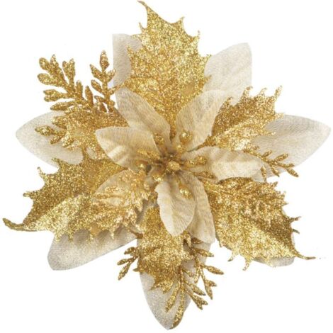 Lot de 12 fleurs de Noël à paillettes (15 cm) avec 12 poinsettia artificielles pour sapin de Noël(Doré) (1/5)