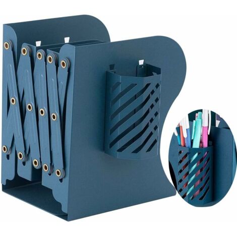 Serre-Livres Réglable en Métal, Décoratif Réglable en Métal Livre en Métal Étagère Organisateur Serre-Livres avec Porte-Stylo pour la Maison, Le Bureau, l'école, la bibliothèque, Bleu (1/5)