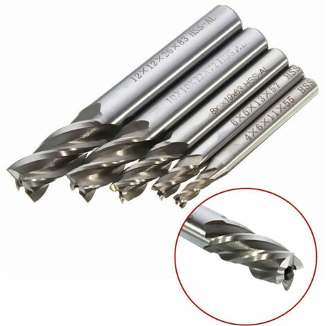 5 pcs 4/6/8/10/12 mm 4 Flte tige droite End Mill Cutter en acier rapide HSS Forets (1/5)