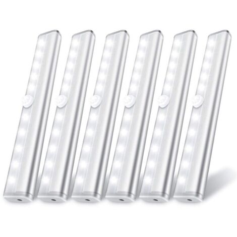 Lot de 6 lampes de placard à détecteur de mouvement, 10 lumières LED à détecteur de mouvement, à coller n'importe où, fonctionne avec des piles, éclairage sûr pour placard, armoire, escaliers