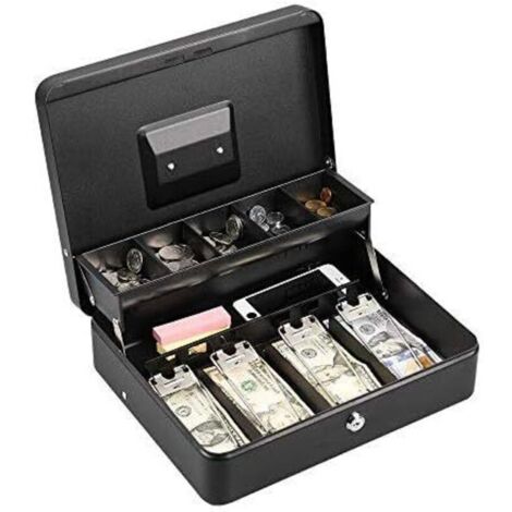 Boîte à billets en métal verrouillable argent, pièce de monnaie et boîte de sécurité grande caisse avec serrure - nouvelle boîte à billets en métal - noir