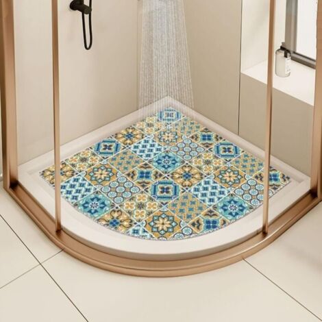 Tapis de douche d'angle en luffa antidérapant et anti-moisissure pour salle de bain avec évacuation (bleu, 60 x 60 cm) (1/5)