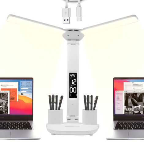 Lampe de Bureau Sans Fil à LED pour Enfant avec Heure Calendrier Température 2 Porte Stylo, Double Tête Desk Lamp Dimmable 3 Modes de Couleur, Contrôle Tactile Protection des Yeux, Blanche