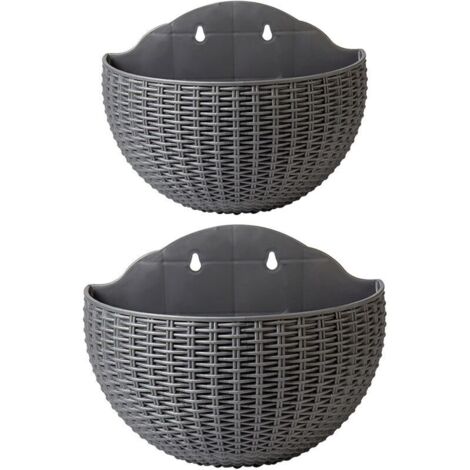 Lot de 2 pots de fleurs muraux imitation rotin, demi-cercles, avec trou de drainage et crochets, en plastique, pour balcon, clôture (gris)