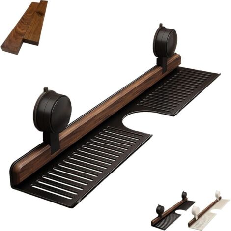 Étagère de salle de bain à ventouses en noyer, étagère de rangement sans perçage pour lavabo et coiffeuse, panier de douche à ventouses en aluminium (M Noir)