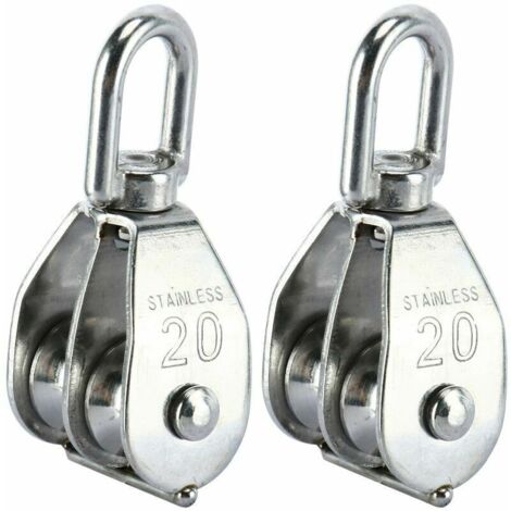 Lot de 2 blocs de poulie double en acier inoxydable 304 avec crochet pivotant à double poulie (M20) (1/5)