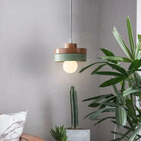 Suspension Moderne Rond Lustre Abat-jour en Bois et Métal Vert, E27 Luminaire Éclairage de Plafond pour Salon Salle