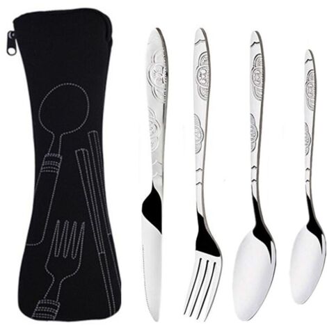 Lot de 4 Couverts de Camping, Ensemble de Couverts Transportables, Couverts en Acier Inoxydable avec Sac en Néoprène Idéal pour les Voyages et le Camping (Noir) (1/5)