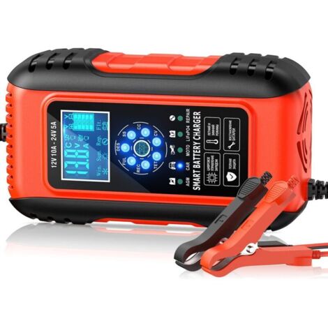 Chargeur de Batterie Intelligent 10A 12V/5A 24V, Chargeur Batterie Mainteneur et Automatique Réparation Fonction Portable avec Écran LCD, pour Voiture Moto Camion, AGM, Gel, Wet, SLA (1/5)
